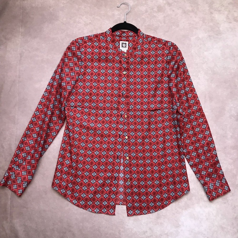 NWT Anne Klein Button Up Blouse Red Blue White Print Gold Buttons XS